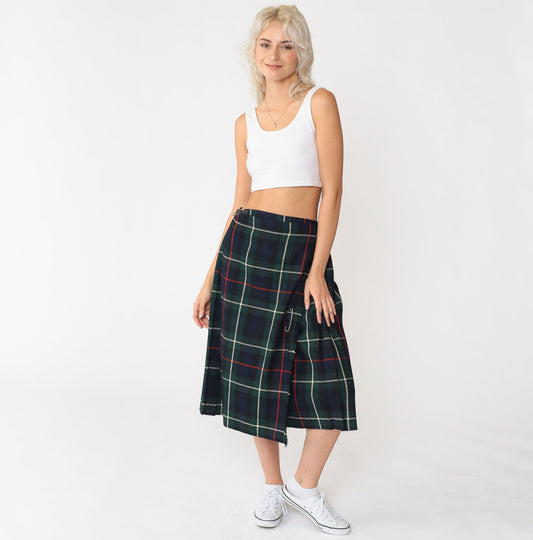 80s Navy Plaid Wool Midi Skirt High Waist Pleated Kilt Medium