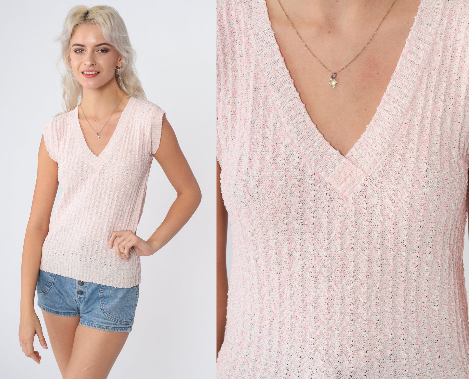 70s Baby Pink Knit Sweater Vest V Neck Cap Sleeve Extra Small XS