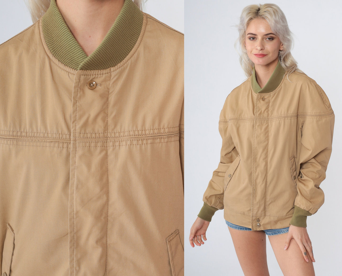 70s Tan Bomber Jacket Zip-Up Plaid Flannel Lining Small