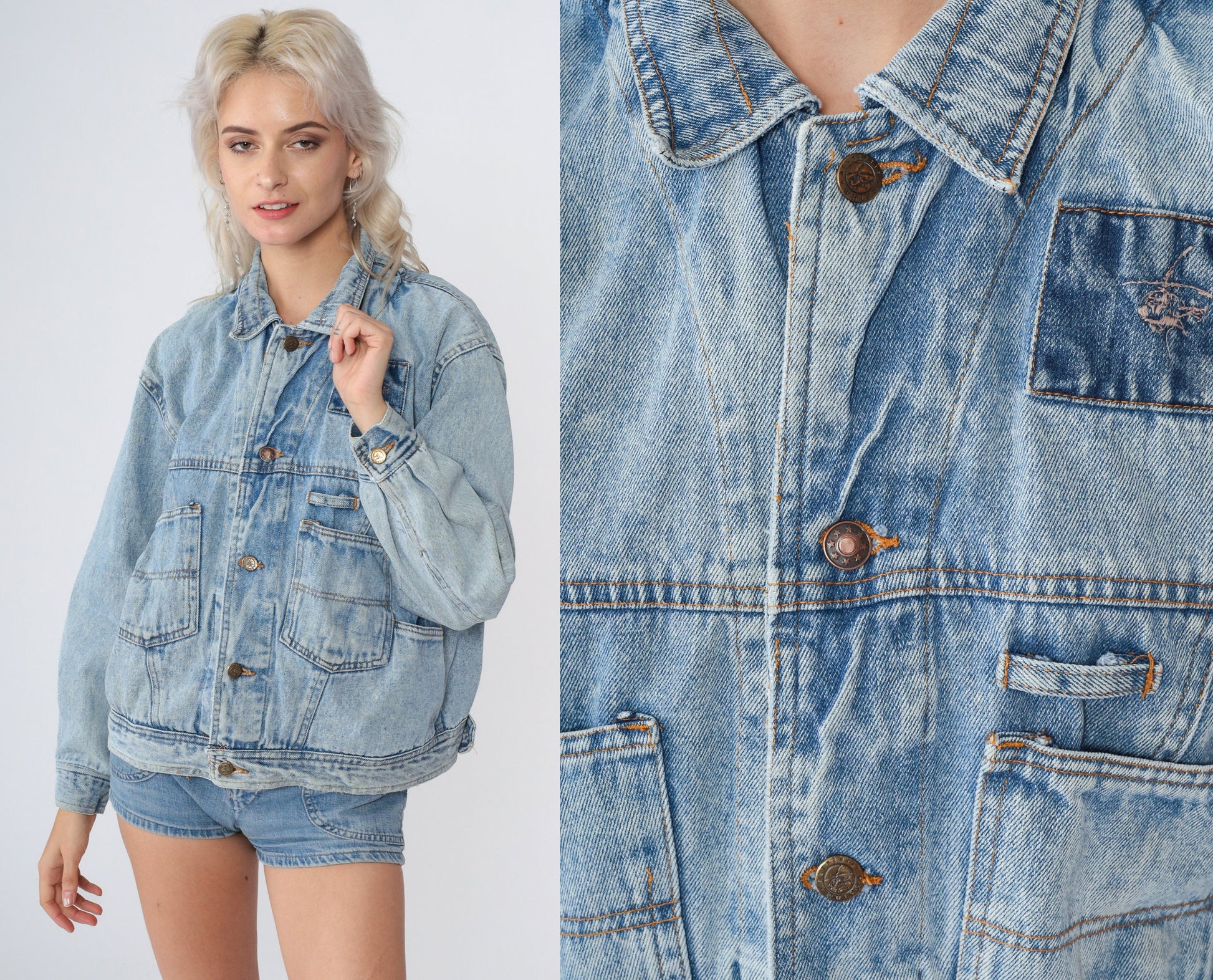 90s Denim Cargo Jacket Blue Jean Helicopter Embroidered Utility Pockets Small
