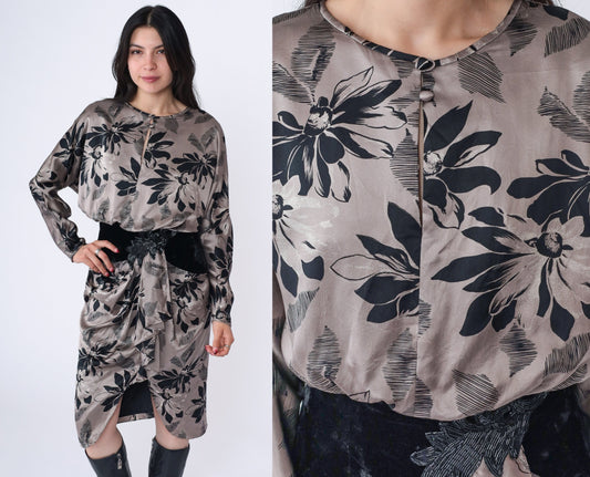 80s Silk Studio Floral Midi Dress Taupe Black Velvet Beaded Small 6