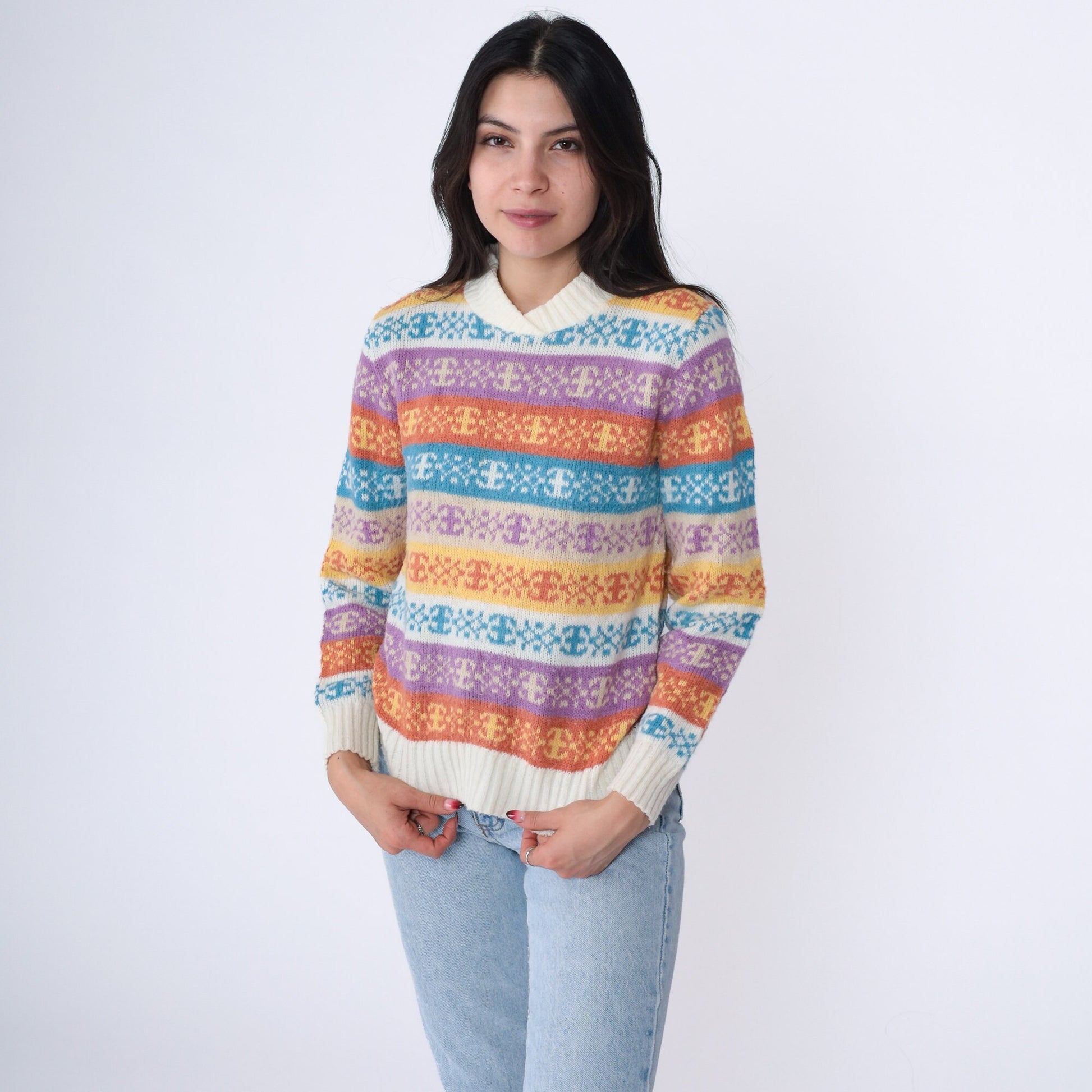 80s Nordic Snowflake Fair Isle Shawl Collar Sweater Purple Blue Cream Extra Small