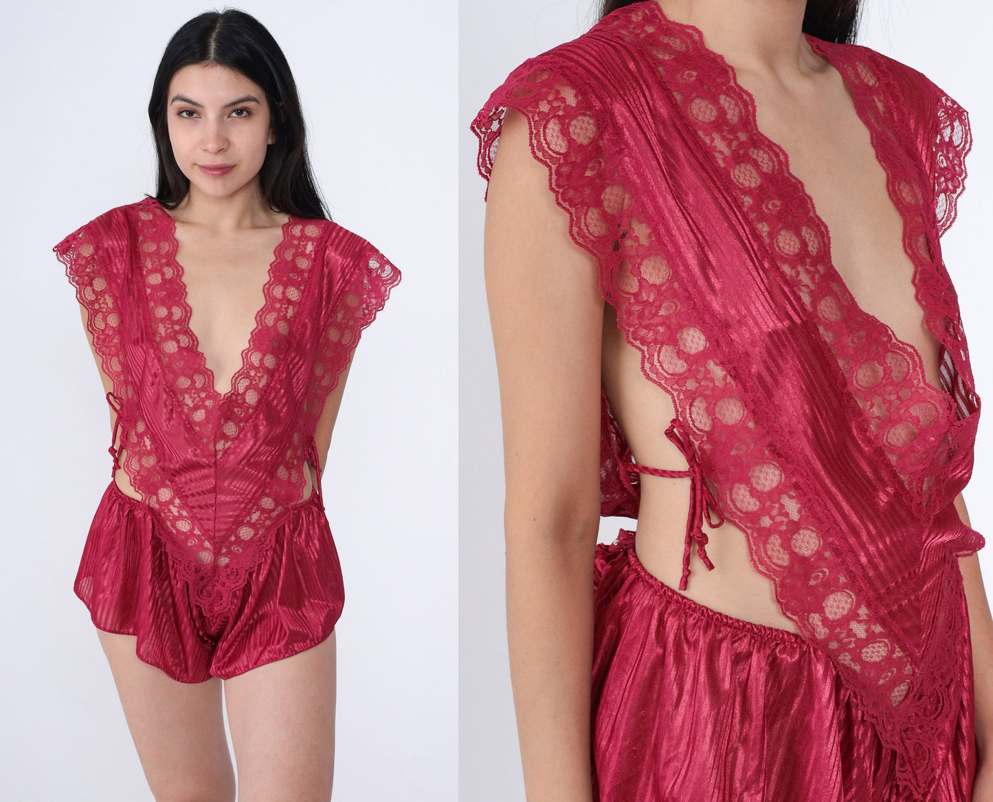 80s Raspberry Red Lace Teddy Lingerie Deep V Neck Bodysuit Extra Large XL