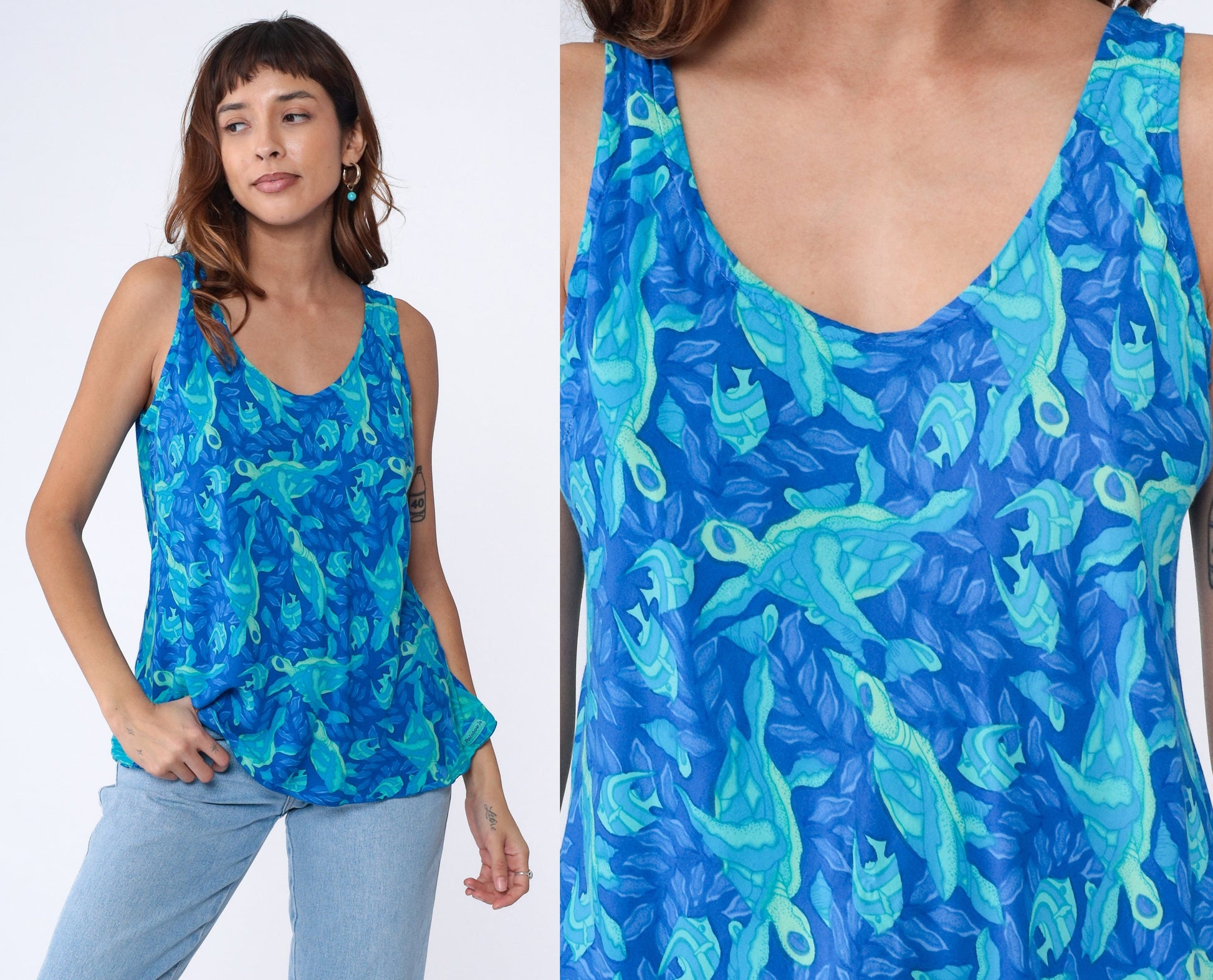 00s Sea Turtle Tropical Fish Tank Top Blue Rayon All Over Print Medium M