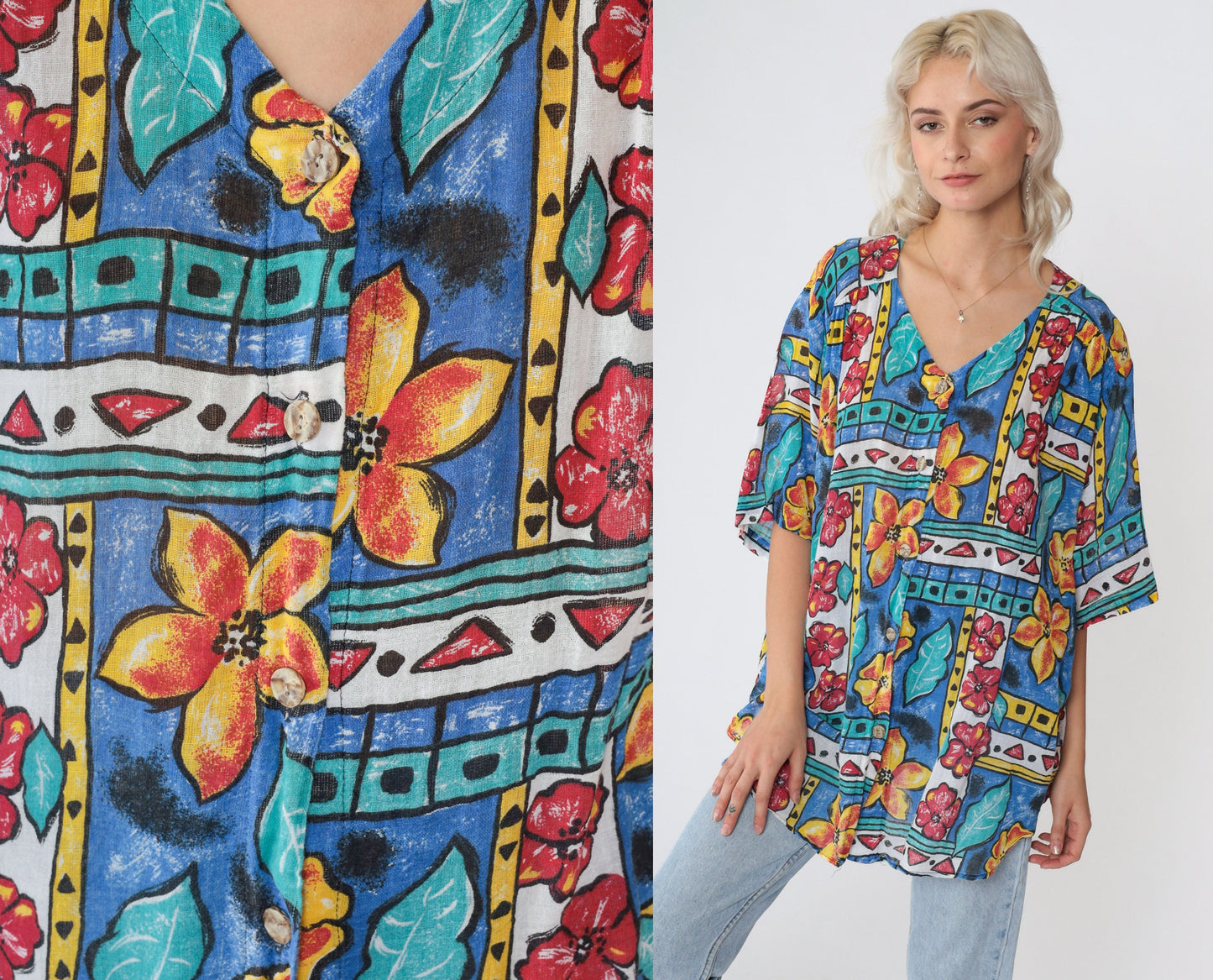 90s Copy Cats Floral Abstract Geometric Print Button Up Blouse Large L