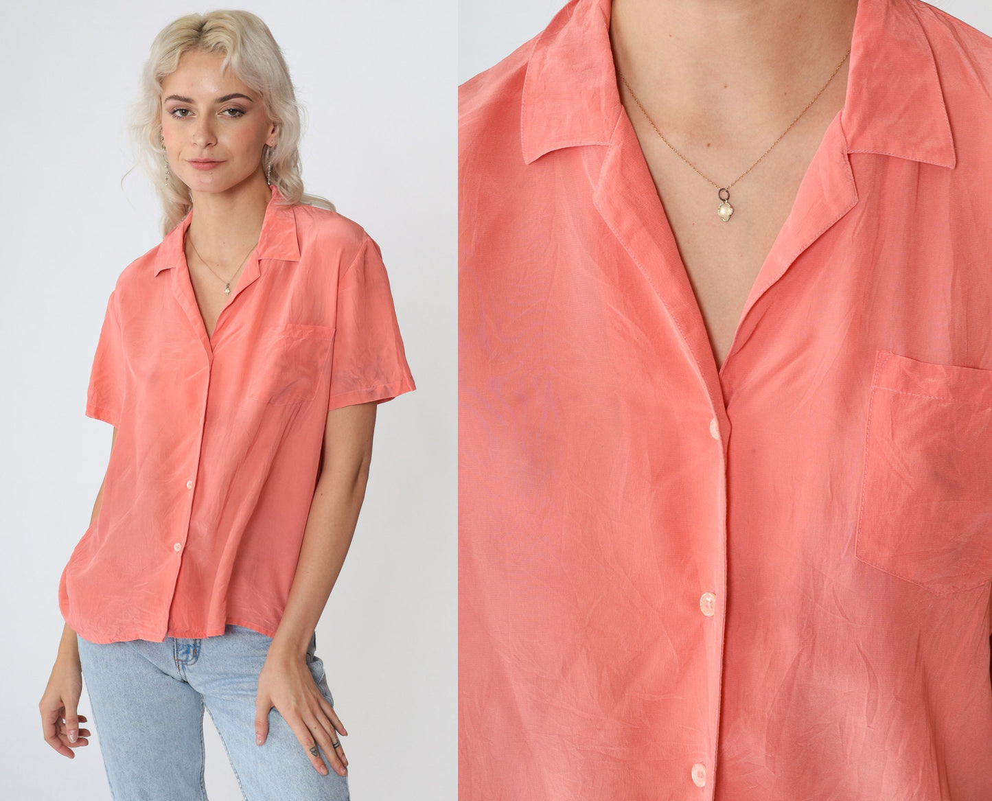 80s Nordstrom Silk Button-Up Blouse Peach Short Sleeve Chest Pocket Large L