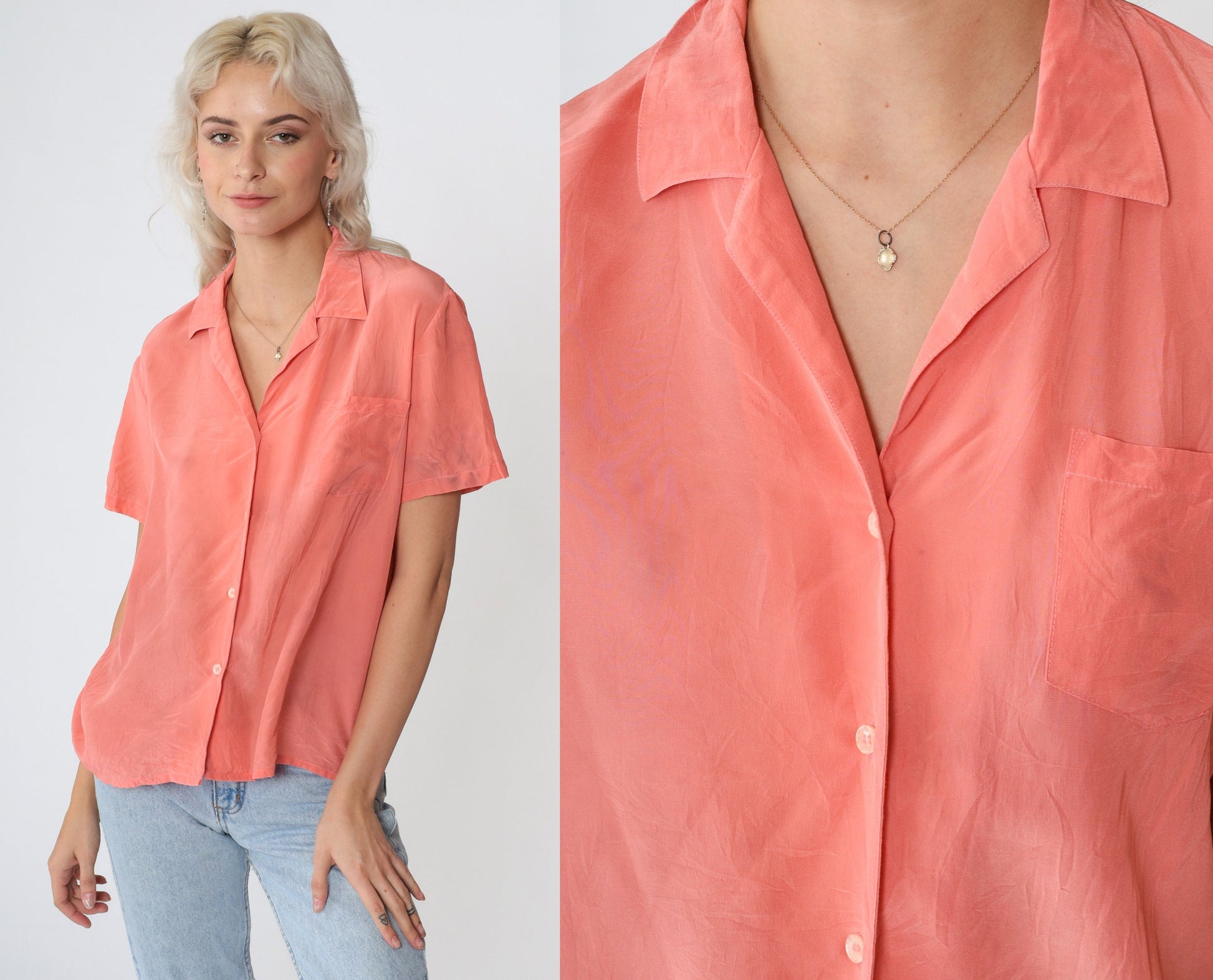 80s Nordstrom Silk Button-Up Blouse Peach Short Sleeve Chest Pocket Large L
