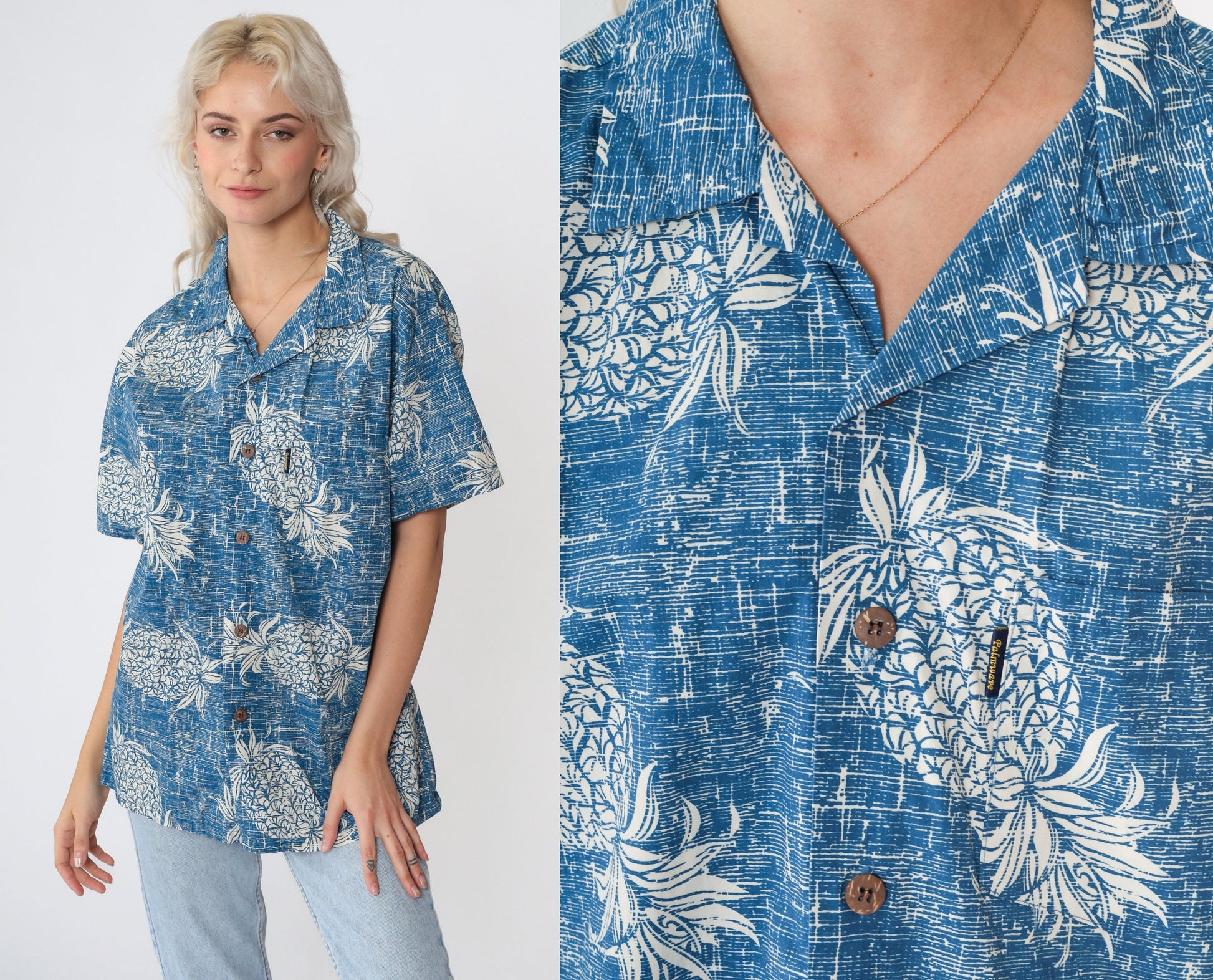 Y2K Pineapple Print Hawaiian Shirt Blue Button Up Men's Medium
