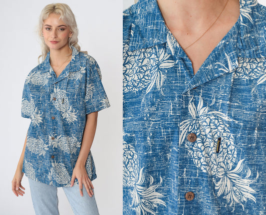 Y2K Pineapple Print Hawaiian Shirt Blue Button Up Men's Medium