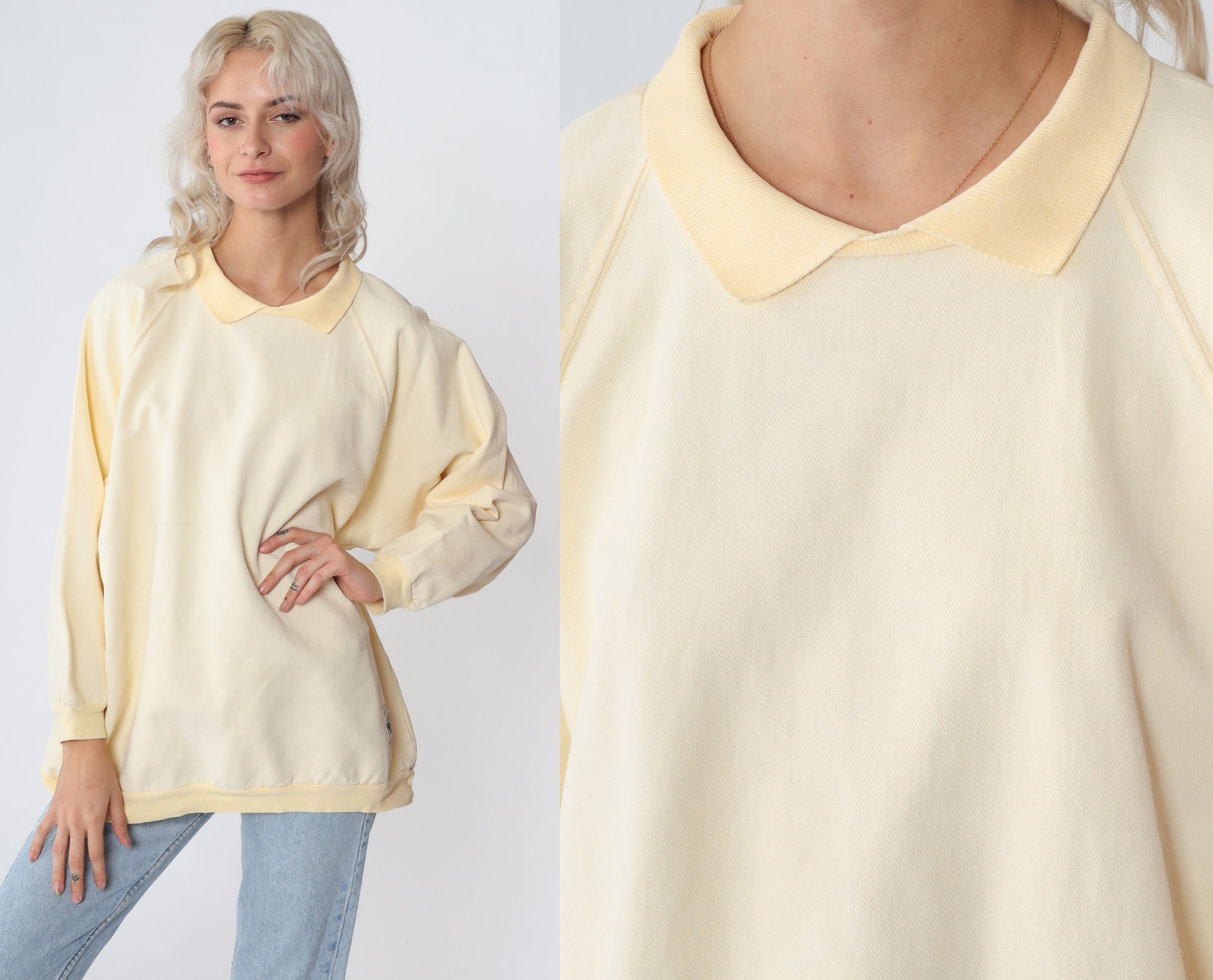 90s Palmetto Canton Fleece Collared Sweatshirt Cream Yellow Raglan Large
