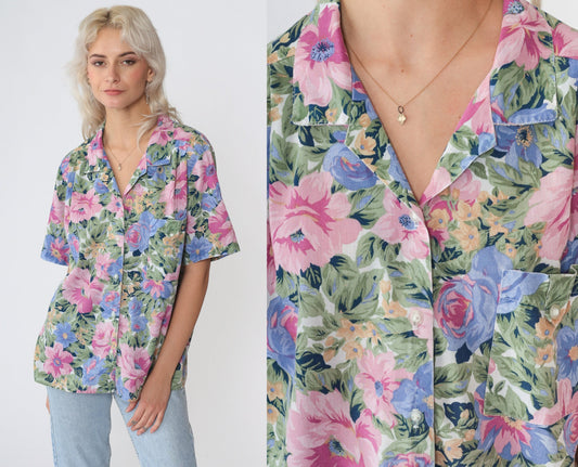 90s Floral Button-Up Blouse Short Sleeve Collared Shirt Multicolor Medium M