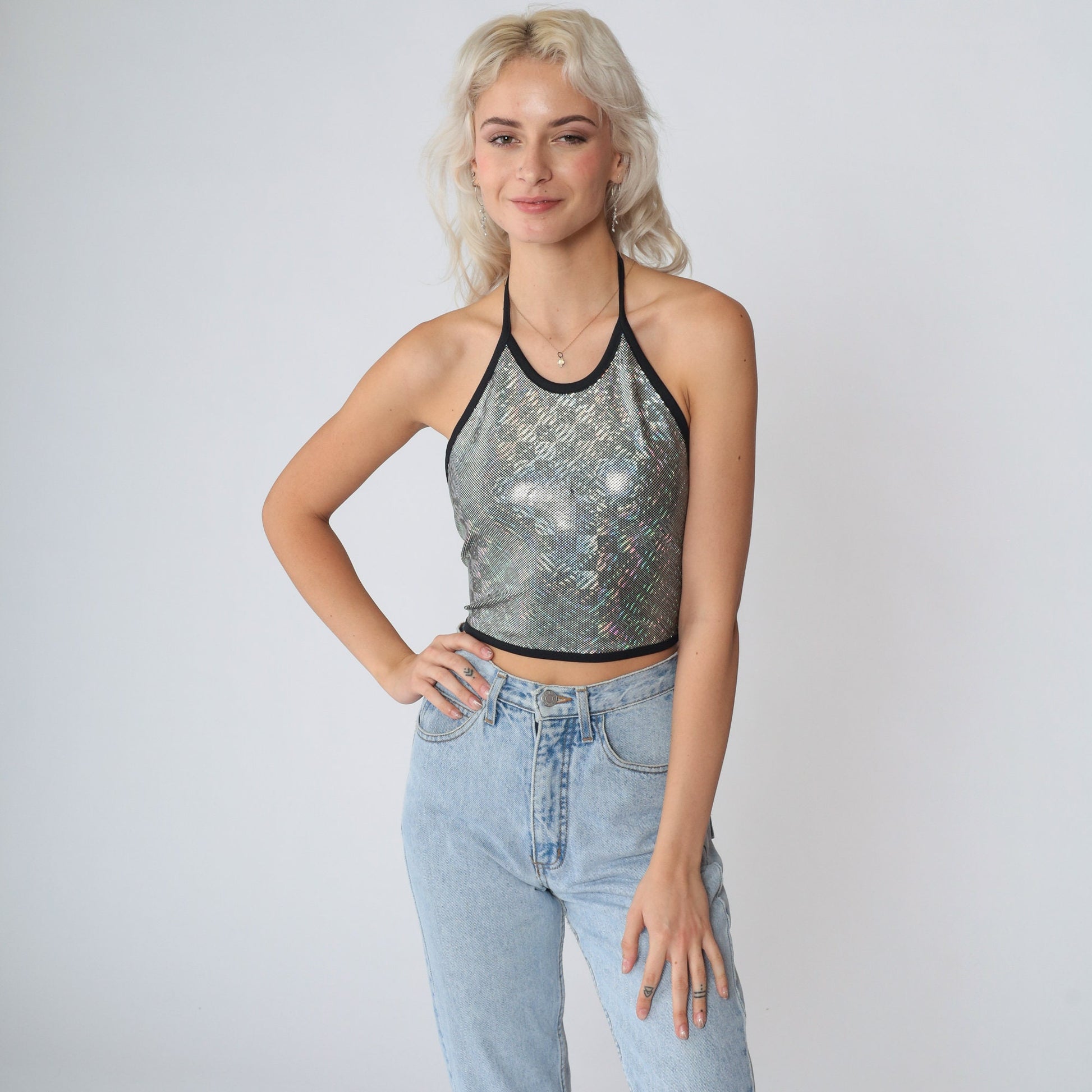 Y2K Holographic Halter Crop Top Silver Sparkly Open Back Tank Medium