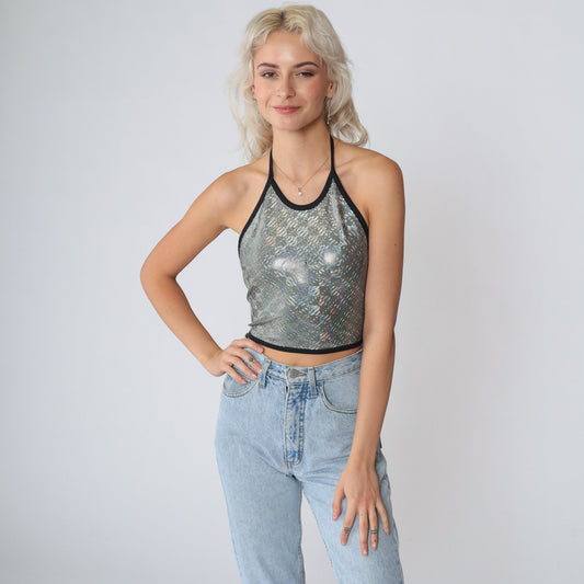 Y2K Holographic Halter Crop Top Silver Sparkly Open Back Tank Medium