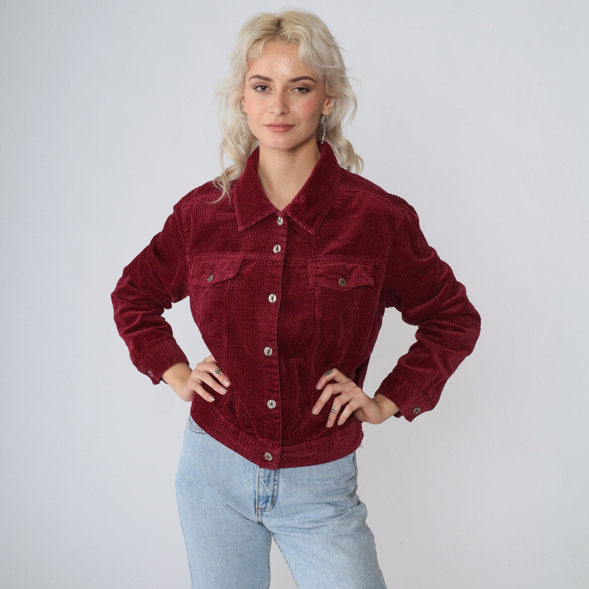 90s Studio Ease Burgundy Corduroy Button-Up Jacket Small