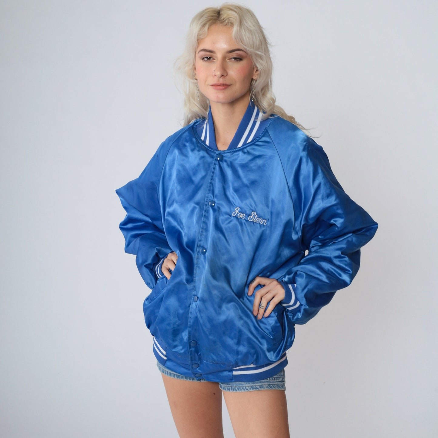 90s The Bicycle Source Blue Satin Bomber Jacket Joe Stern BMX Extra Large XL