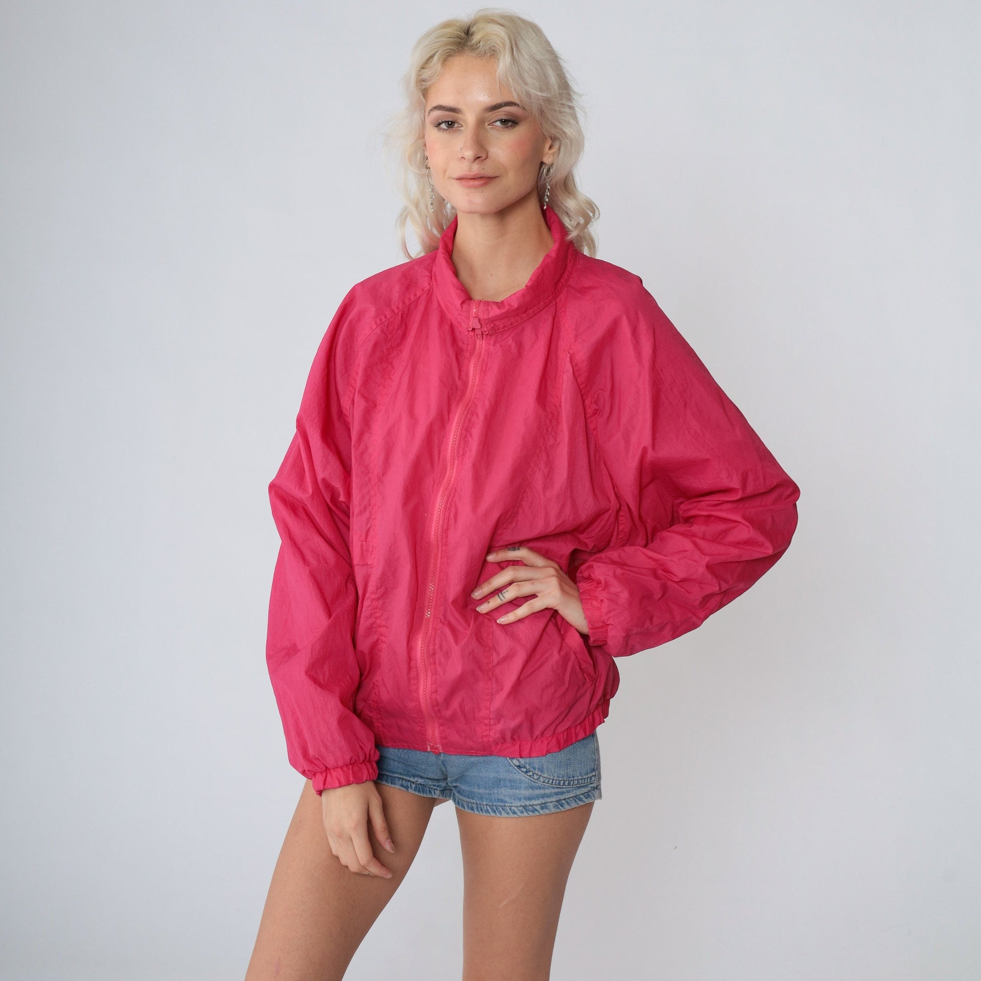 90s Hot Pink Nylon Windbreaker Zip-Up Jacket Medium M