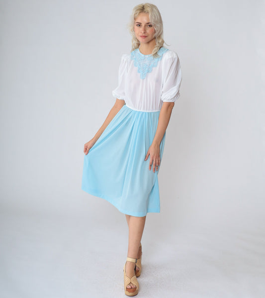 70s Puff Sleeve Midi Dress White Blue Floral Applique High Waist Small