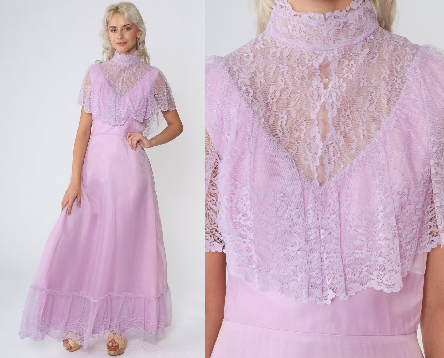 70s Purple Lace Bib Maxi Gown High Neck Tiered Skirt Small
