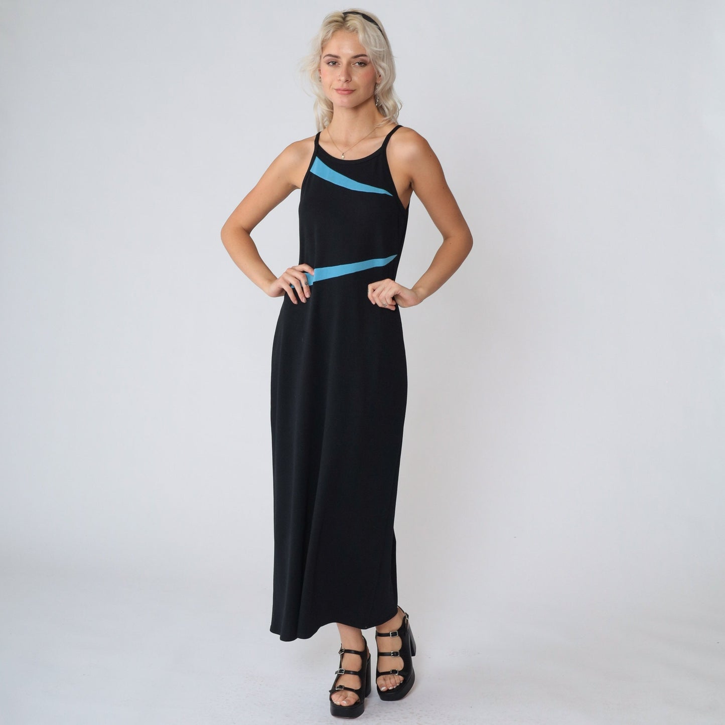 90s Black Maxi Dress Blue Asymmetrical Stripes High Neck Sleeveless Small