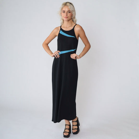 90s Black Maxi Dress Blue Asymmetrical Stripes High Neck Sleeveless Small