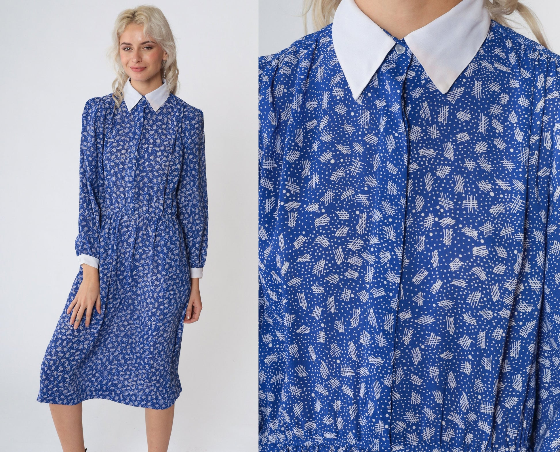 80s Blue Midi Dress Puff Sleeve White Collar Ditsy Dot Print High Waisted Small