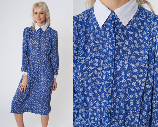 80s Blue Midi Dress Puff Sleeve White Collar Ditsy Dot Print High Waisted Small
