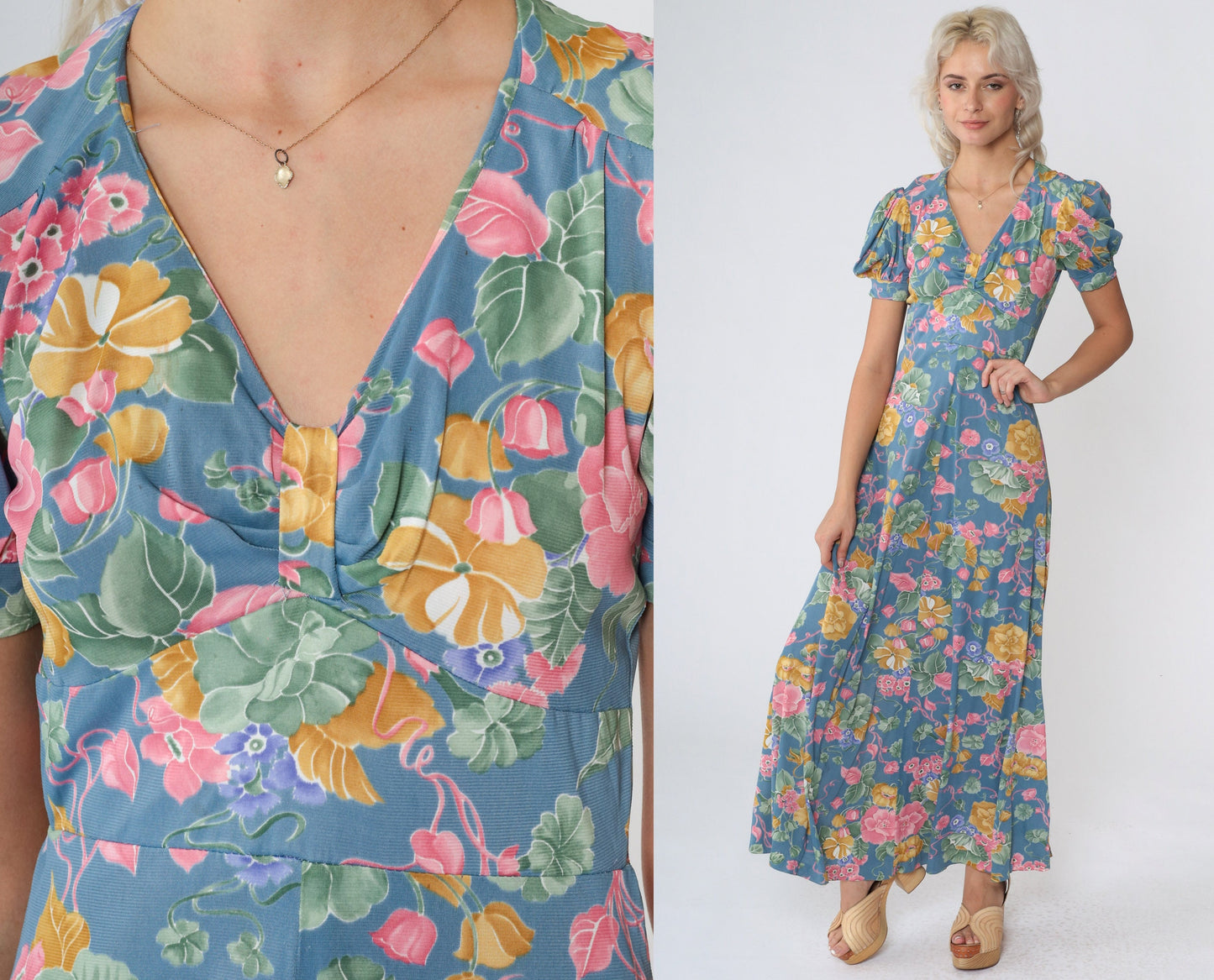 70s Blue Floral Maxi Dress Empire Waist Puff Sleeve V Neck Extra Small
