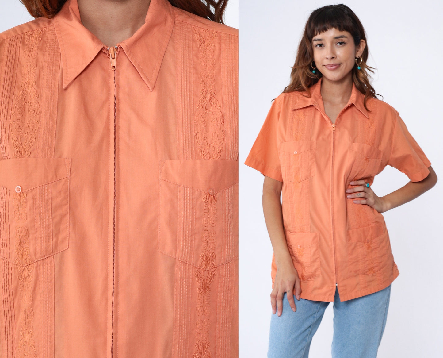 90s Orange Embroidered Cuban Zip Shirt Cotton Blend Chest Pockets Medium Large