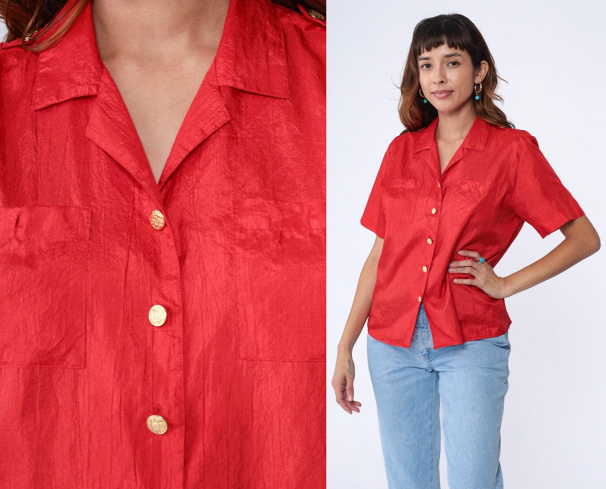 90s Red Shiny Button Up Blouse Gold Buttons Shoulder Epaulettes Medium Large