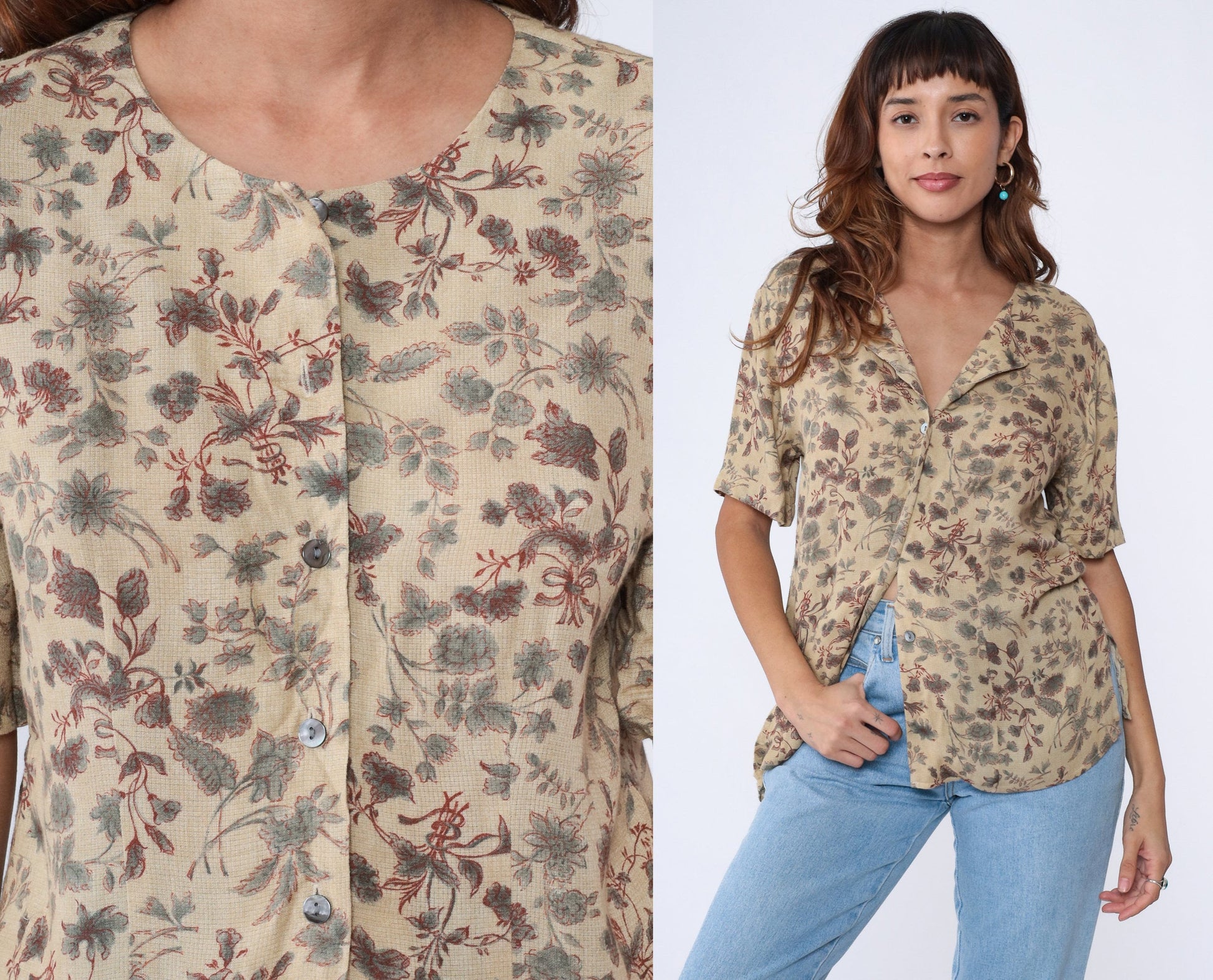 00s Beige Floral Button-Up Blouse Short Sleeve Collarless Shirt Petite 8