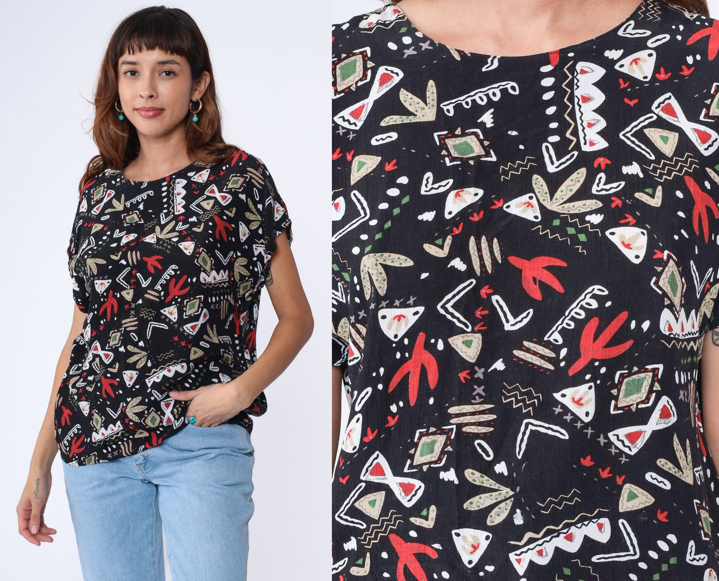 90s Black Saguaro Cactus All Over Print Shirt Southwest Geometric Large