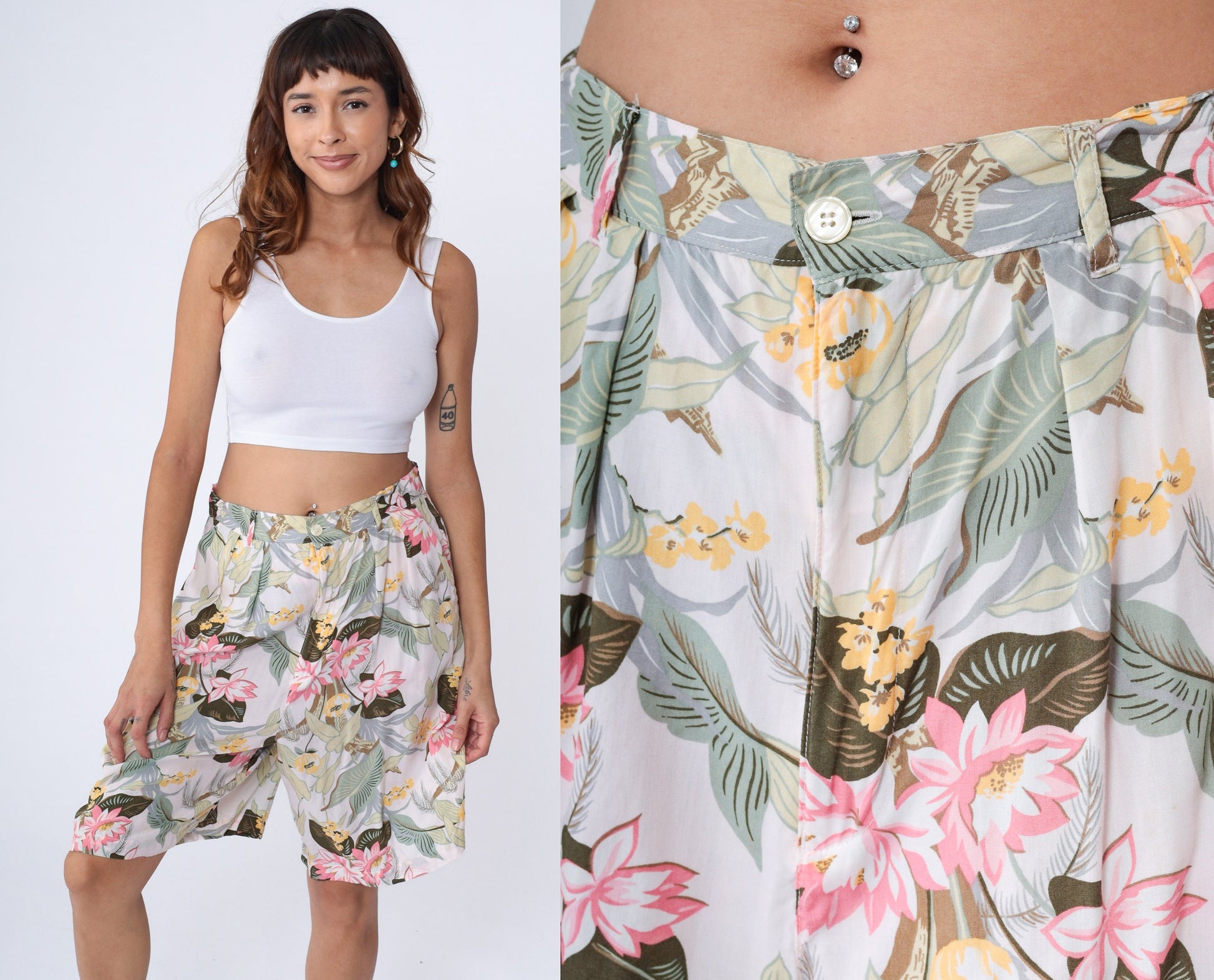90s GAP Floral High-Waisted Shorts Tropical Print White Rayon Medium