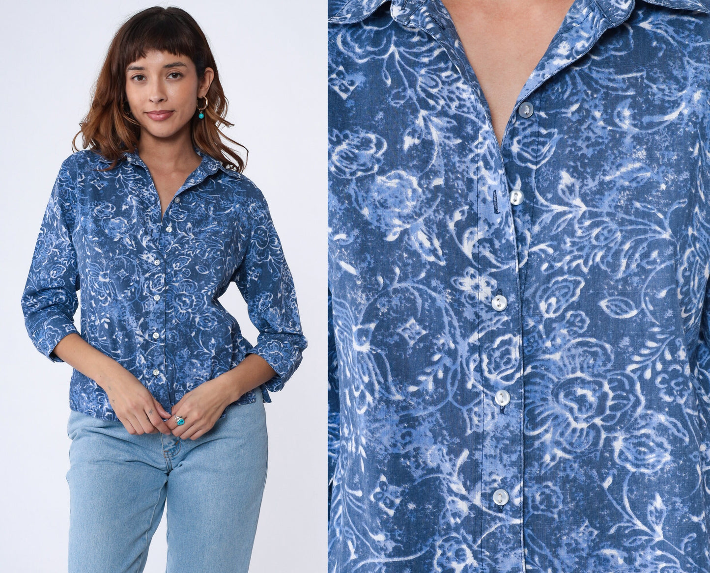 90s Blue Floral Batik Button-Up Blouse 3/4 Sleeve Shirt Medium