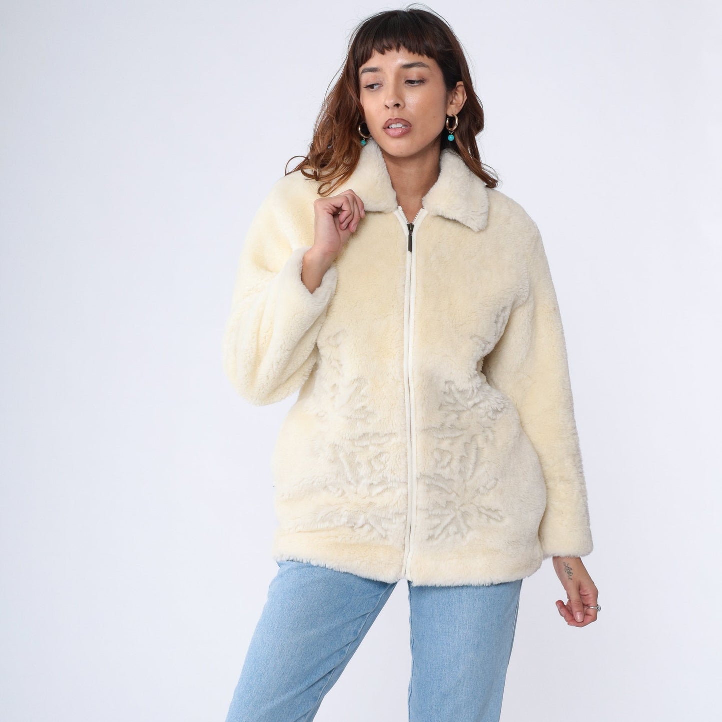 00s Cream Faux Fur Jacket Leaf Print Zip-Up Medium