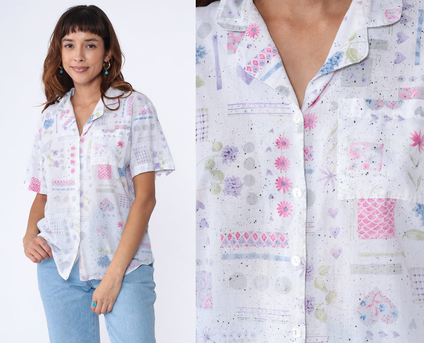 90s White Floral Heart Print Button-Up Blouse Short Sleeve Large L