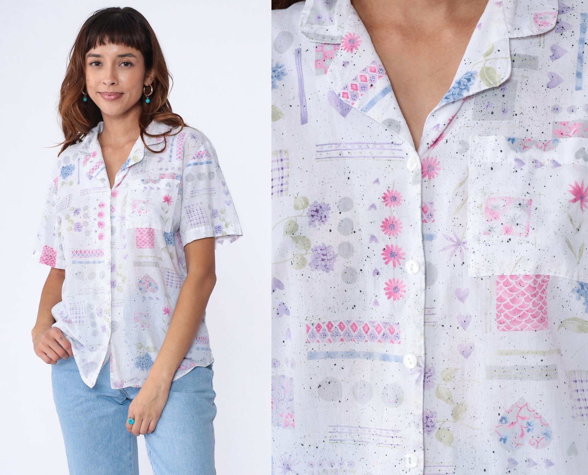 90s White Floral Heart Print Button-Up Blouse Short Sleeve Large L