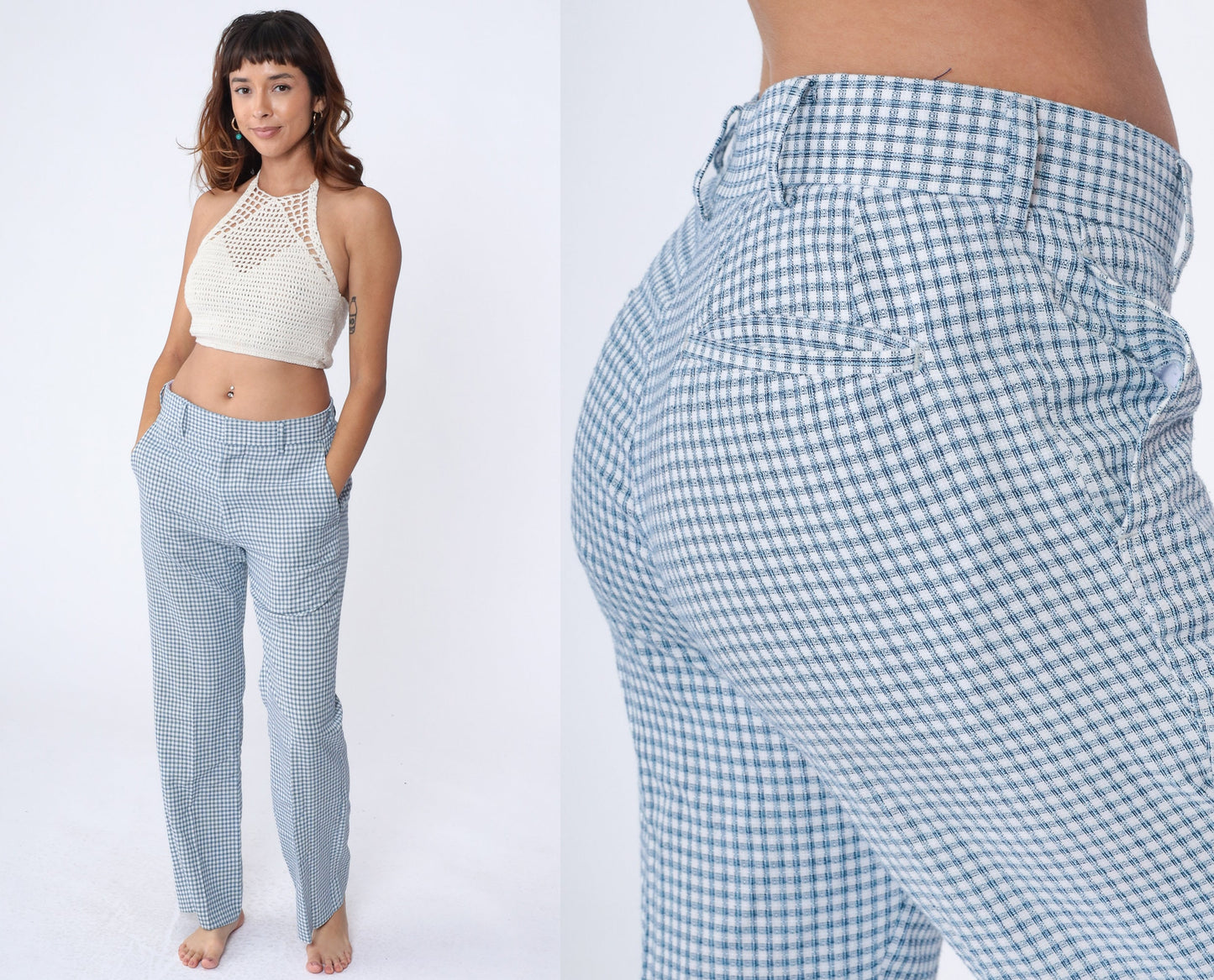 80s Checkered Straight Leg Trousers White Blue Navy Plaid Mid Rise Medium