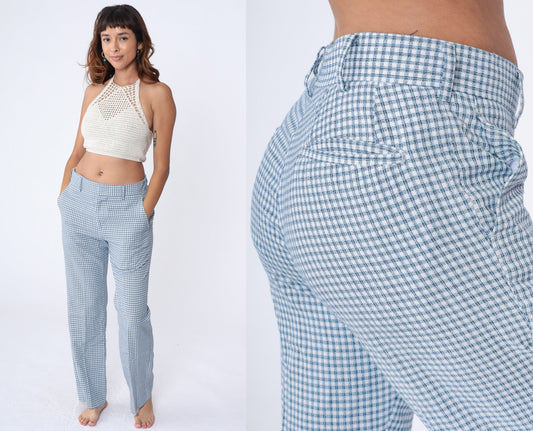 80s Checkered Straight Leg Trousers White Blue Navy Plaid Mid Rise Medium