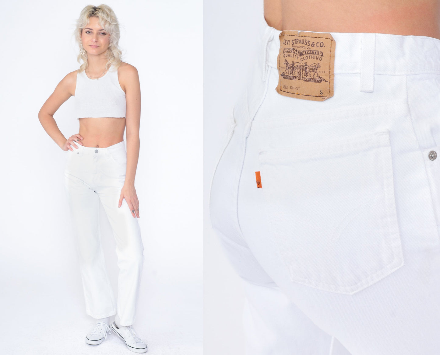 80s Levi's 917 White Denim Bootcut Jeans Orange Tab USA Made Small