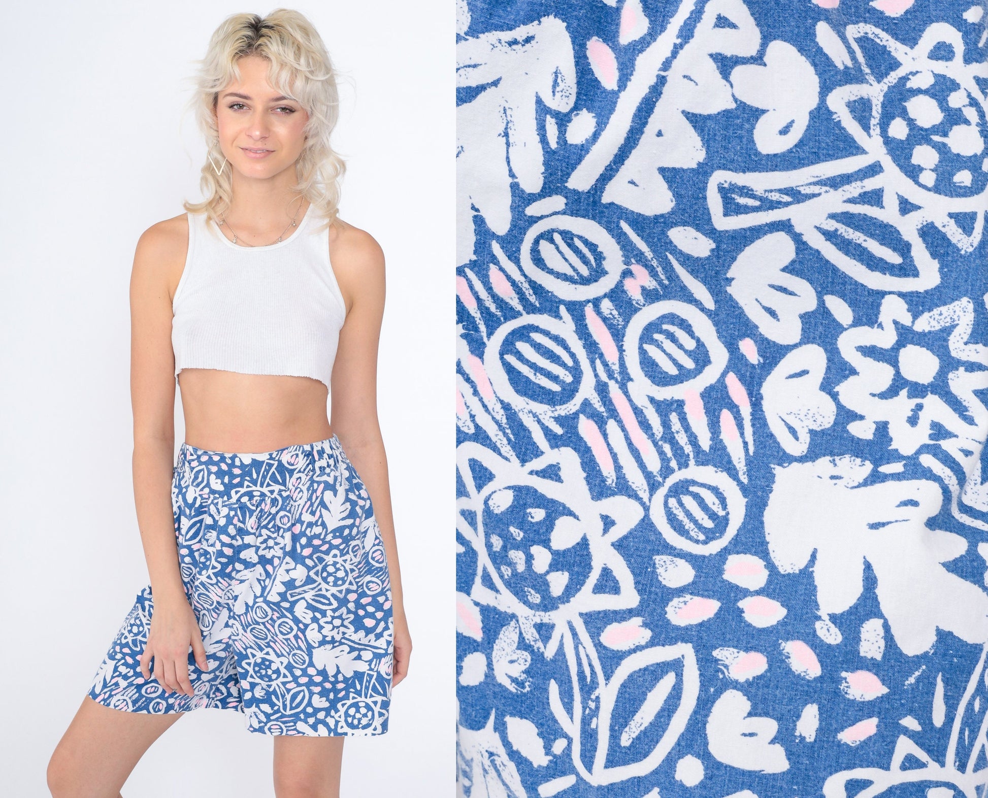 90s Abstract Leaf Floral Print High-Waist Pleated Shorts Cotton Blue White Large