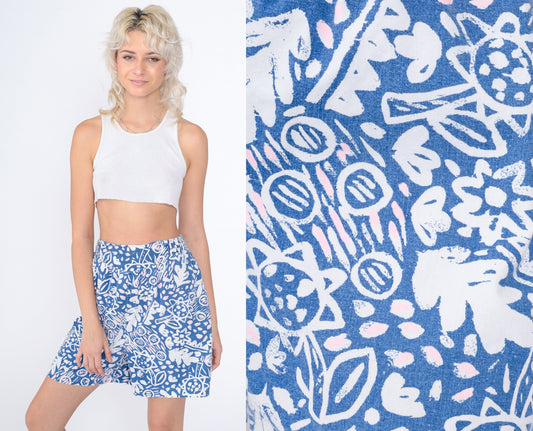 90s Abstract Leaf Floral Print High-Waist Pleated Shorts Cotton Blue White Large