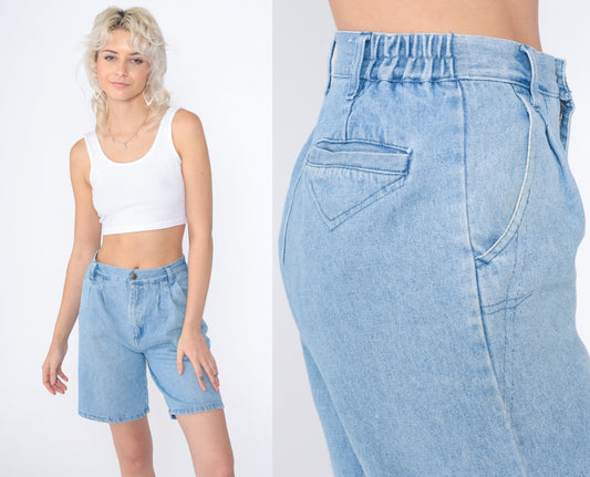 80s Apparatus Pleated Denim Shorts High Waist Knee Length Blue Small