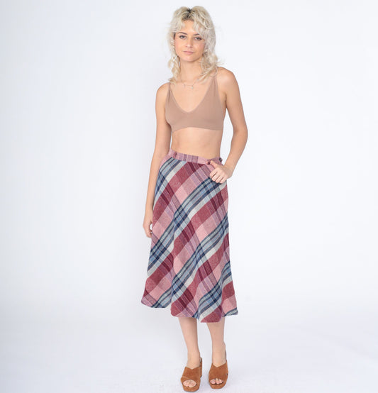 80s Plaid Midi Skirt High Waist A-Line Pink Red Blue Tartan Extra Small XS