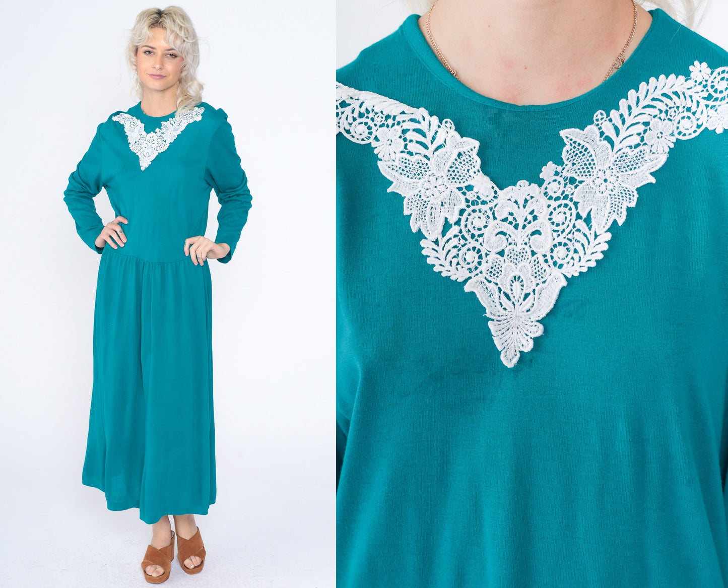 90s Teal Floral Lace Applique Maxi Dress Long Sleeve Low Waist Ankle Length Extra Large