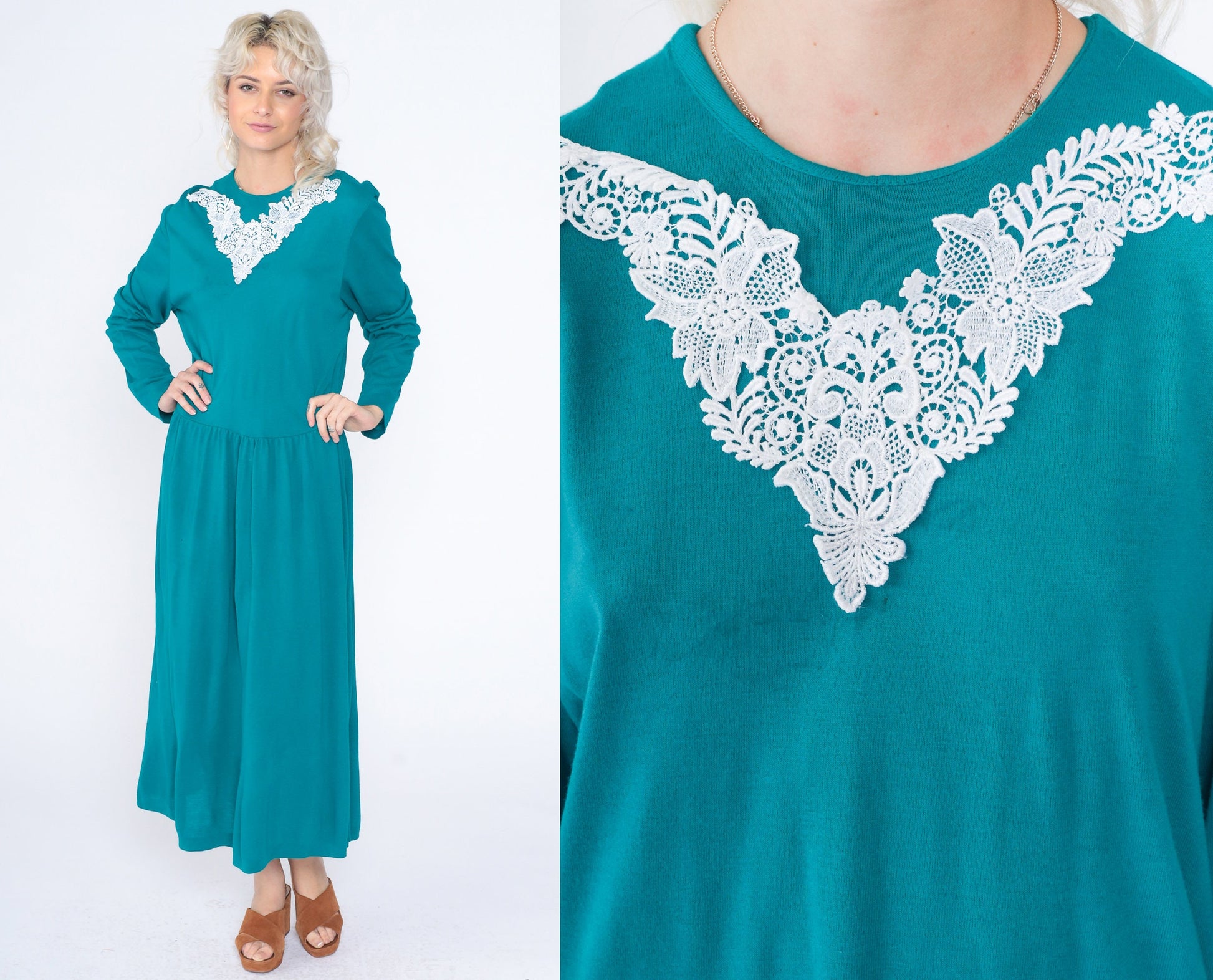 90s Teal Floral Lace Applique Maxi Dress Long Sleeve Low Waist Ankle Length Extra Large