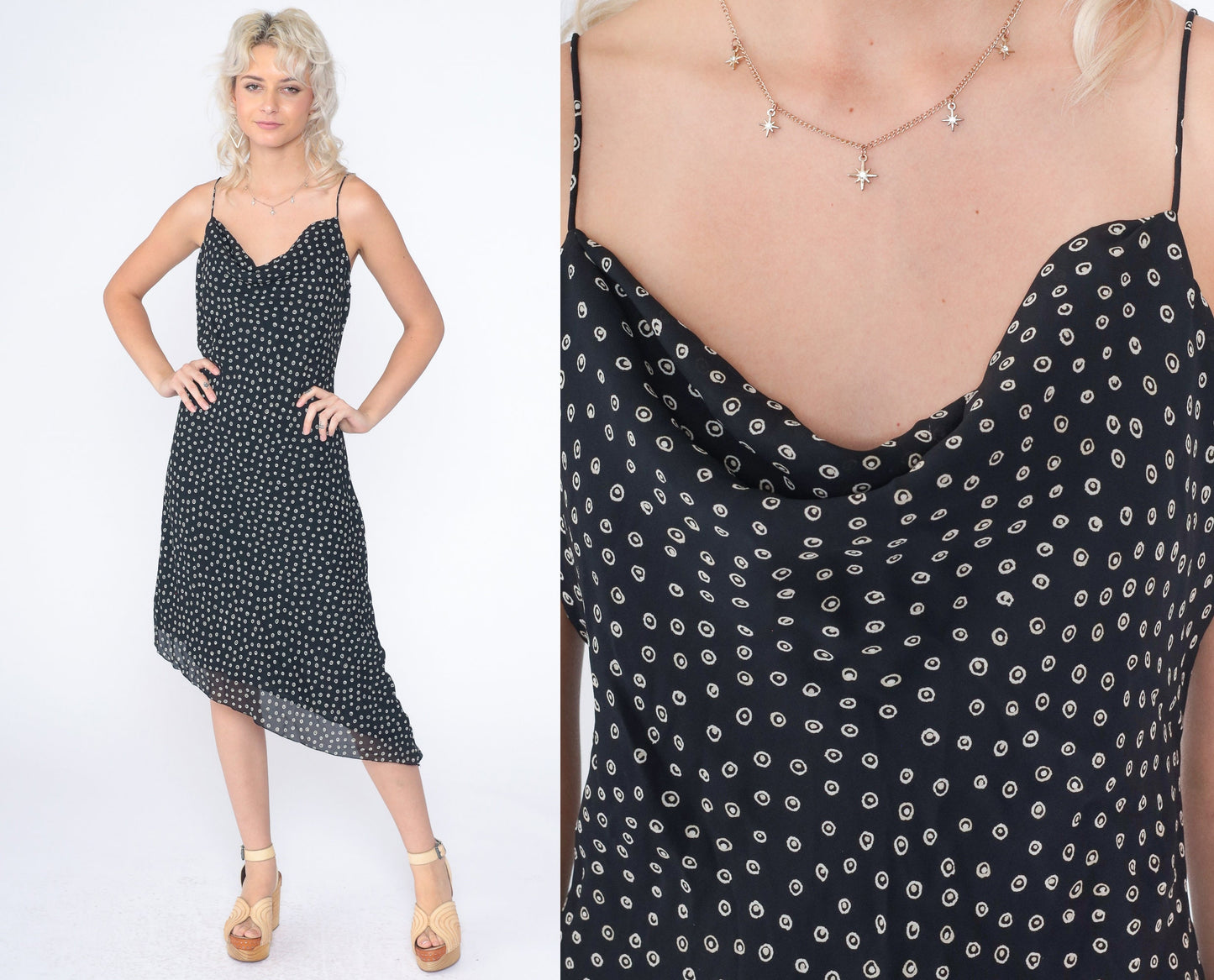 90s Kathy Lee Black White Ring Dot Asymmetrical Midi Dress Cowl Neck Medium