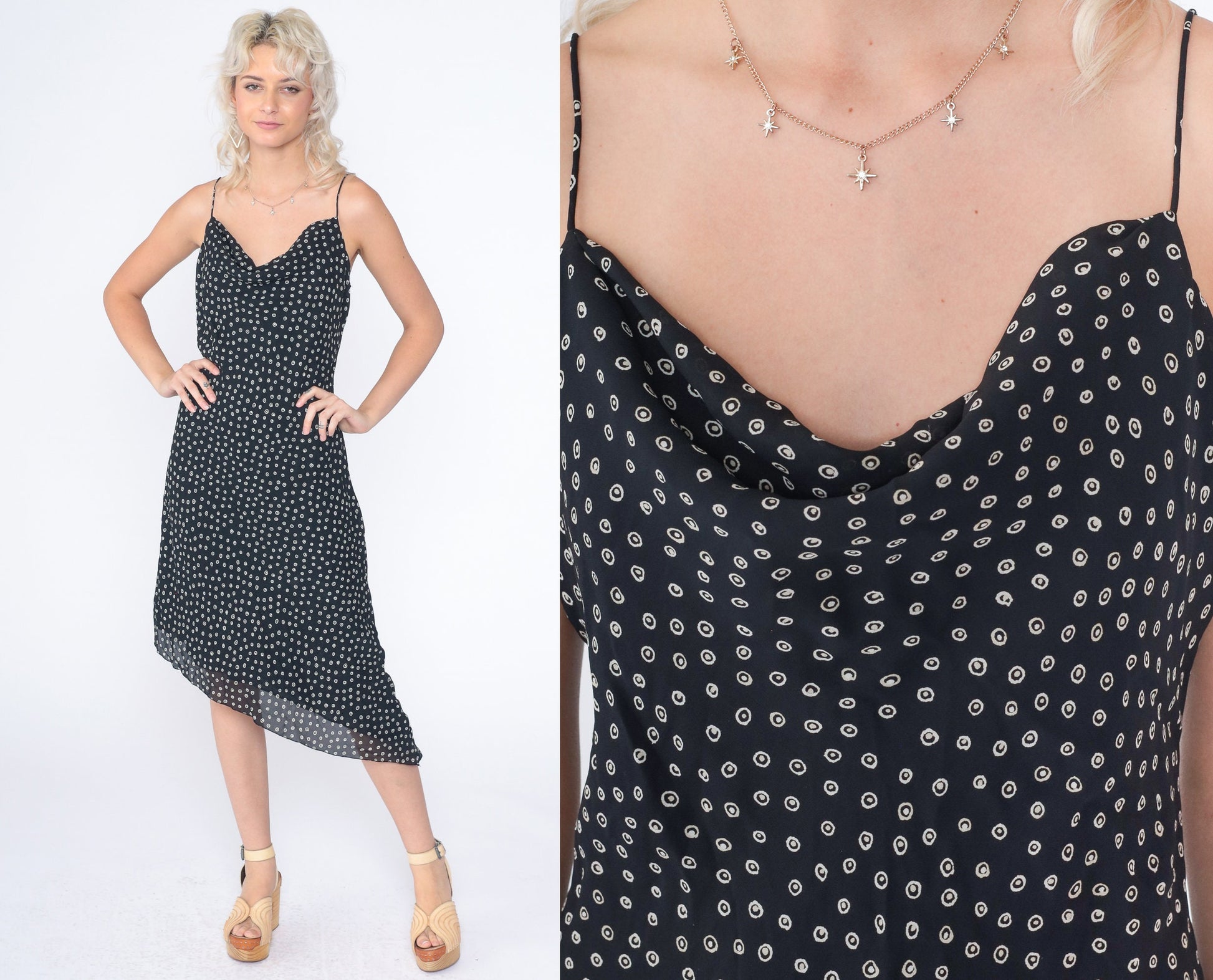 90s Kathy Lee Black White Ring Dot Asymmetrical Midi Dress Cowl Neck Medium