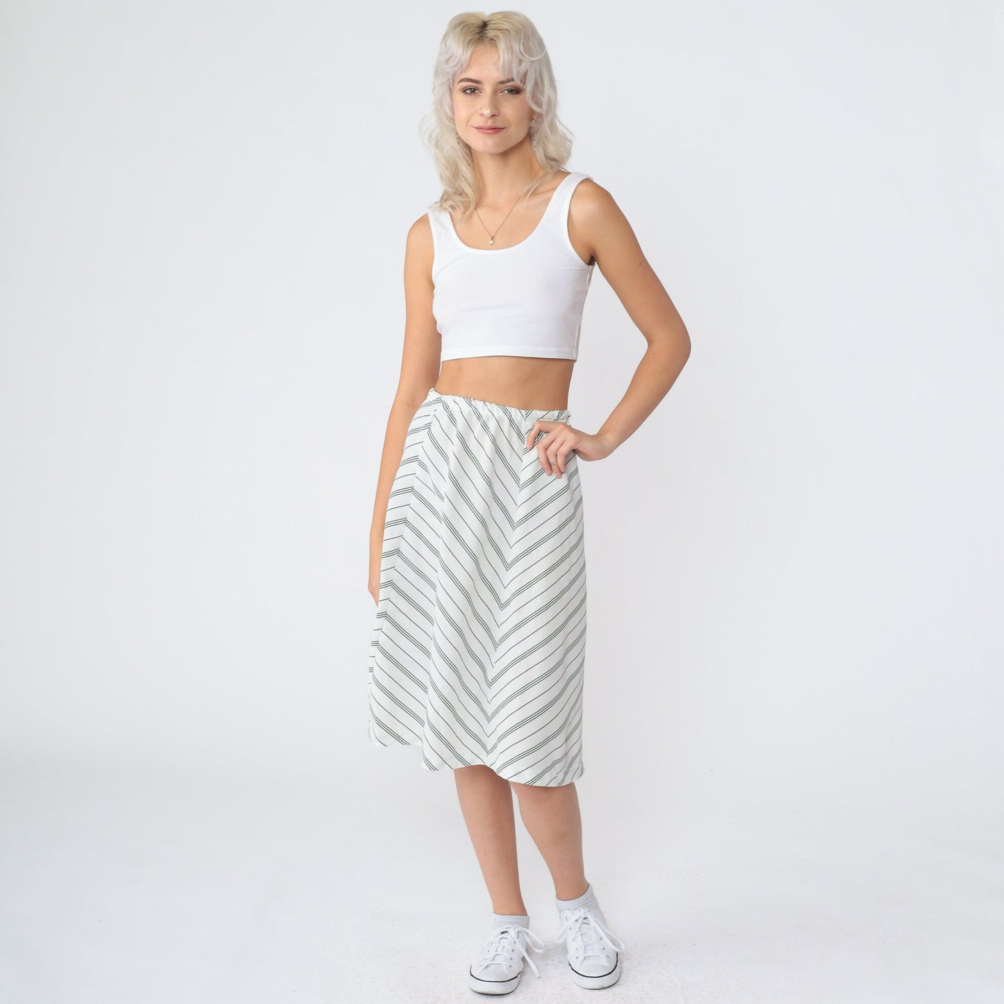 70s Chevron Striped Midi Skirt White Black High Waist A-Line Extra Small