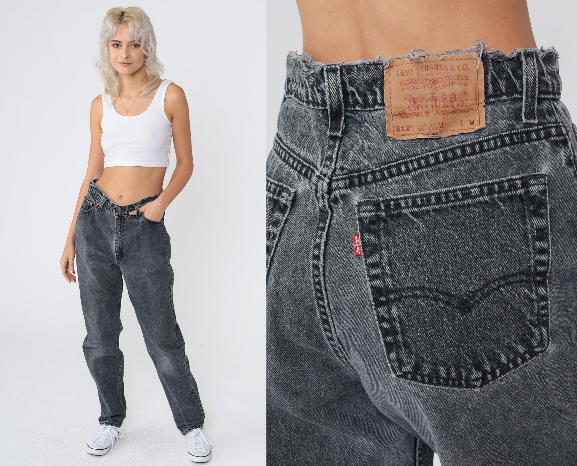 80s Levi's 512 Faded Black Denim High Waist Tapered Jeans Medium