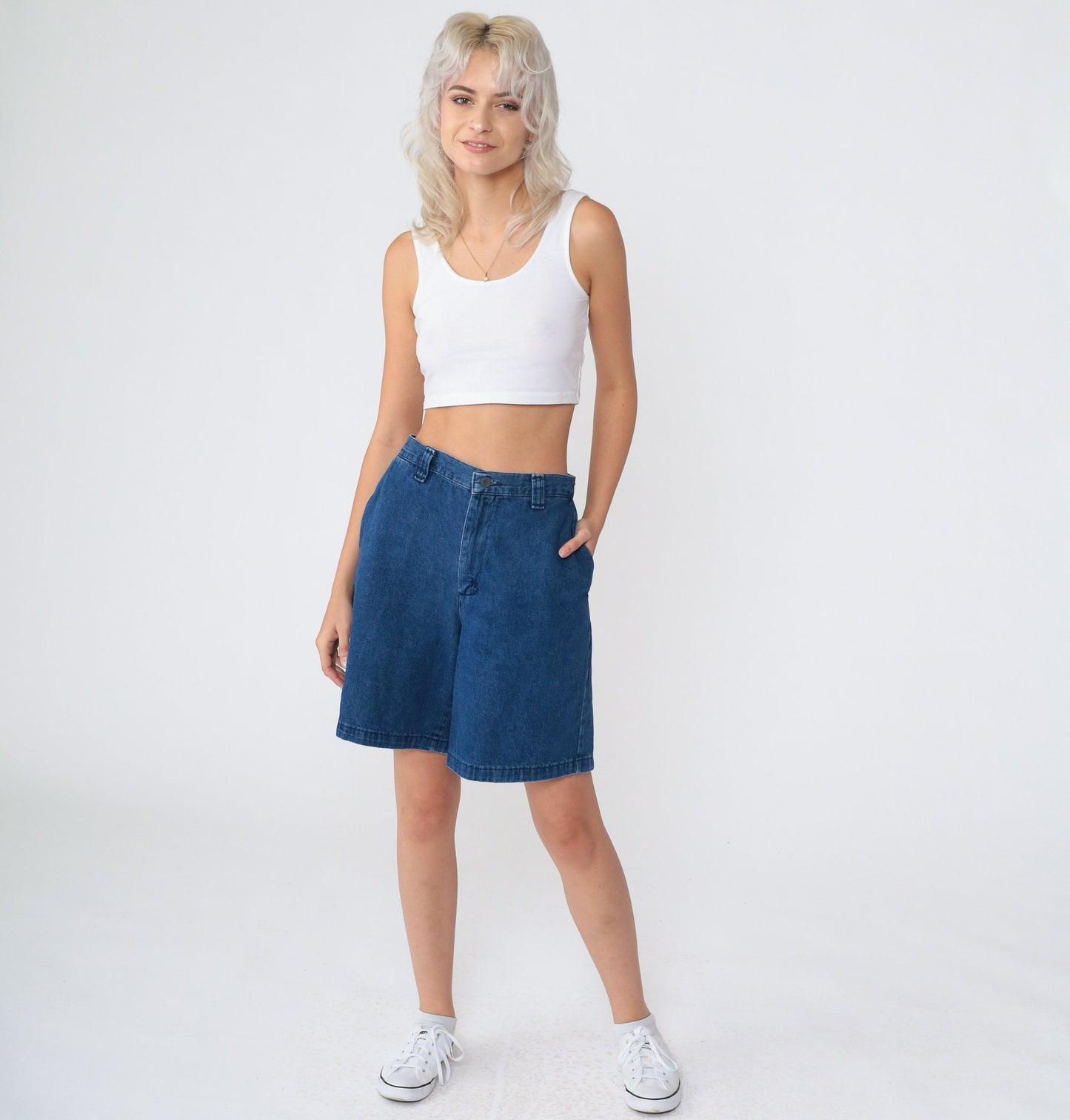 Y2K Riders Casuals High-Waist Denim Shorts Knee Length Blue Medium